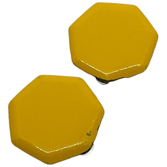 Vintage Yellow Hexagon Metal Clip-On Stud Button Earrings - Retro 80s - Picture 6 of 8